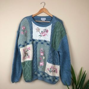 Vintage Patchwork Floral Cable-knit Sweater